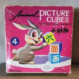 Vintage Animal Picture Cubes Puzzle in Box Duck, Swan, Dog, Cat, Rooster, Rabbit